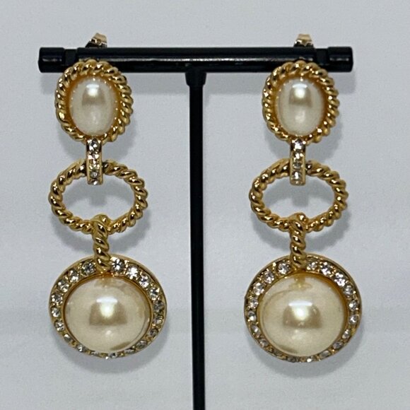 Estate Jewelry - Gold-Tone Dangling Earrings With Faux Pearls & Rhinestone Accents - 2.75 Inch Le